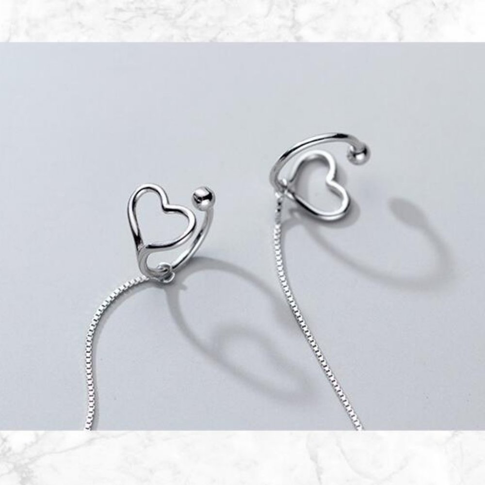 NEW 925 Sterling Silver Heart Cuff Chain Earrings - Picture 9 of 10